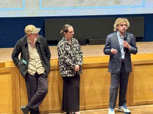 L-R sound designer/sound mixer Spencer Poole, producer Kelly Dawkins, director Casey Shaw participate in a Q&A for 'Unseen Olympiad'