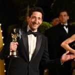 Adrien Brody arrives at the Vanity Fair Oscar Party on March 2, 2025, in Beverly Hills, California.