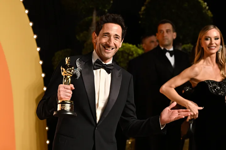 Adrien Brody arrives at the Vanity Fair Oscar Party on March 2, 2025, in Beverly Hills, California.