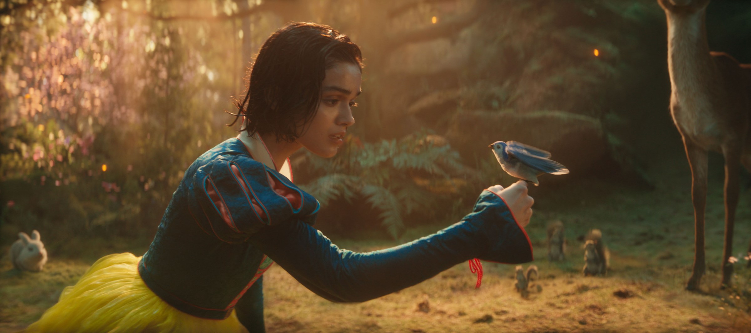 Snow White sitting on the forest floor, holding out a hand as a bird lands on it