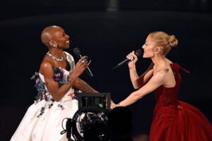 Cynthia Erivo (L) and Ariana Grande perform onstage during the 97th Annual Academy Awards at the Dolby Theatre in Hollywood, California on March 2, 2025.