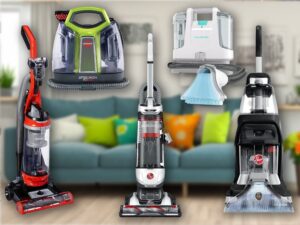 A Collection Of Vacuums And Carpet Cleaners In A Living Room