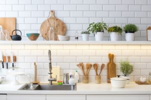 closeup of a kitchen with white subway tile backsplash and open shelving