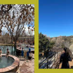 Side by side photos show people in bathing suits at a soaking spa in Santa Fe, and the back of a woman hiking in Santa Fe's mountains.