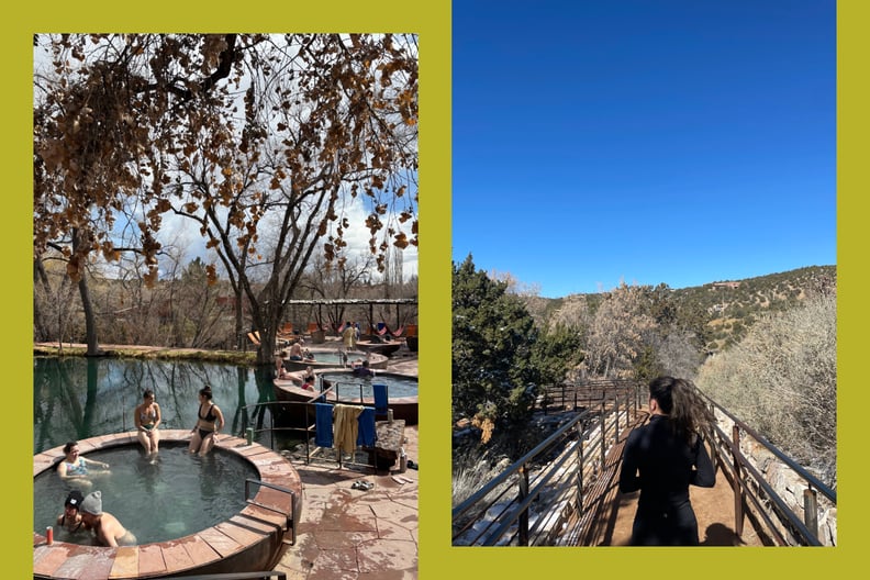 Side by side photos show people in bathing suits at a soaking spa in Santa Fe, and the back of a woman hiking in Santa Fe's mountains.