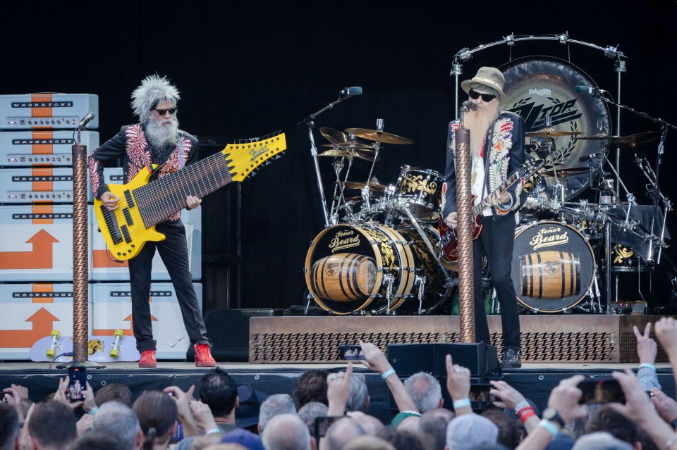 ZZ Top performing live on stage.