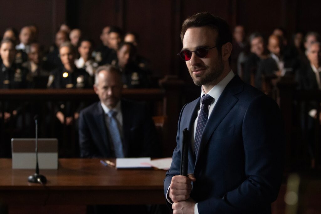 Matt Murdock (Charlie Cox) in court in a still from Daredevil: Born Again