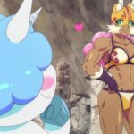 A really jacked anime lady wearing a bikini and a tiger mask while a unicorn looks on