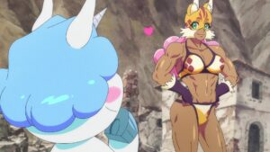 A really jacked anime lady wearing a bikini and a tiger mask while a unicorn looks on