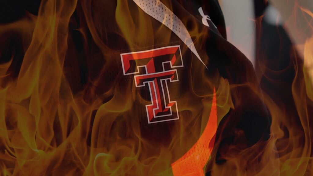 Texas Tech University logo over a background of flames