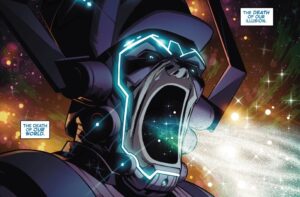 “I saw it. Just for a moment. But i saw it. The death of our illusion. The death of our world. The death of everything,” thinks Mister Fantastic, recalling the moment he saw Galactus inhaling an entire galaxy in Fantastic Four: Life Story #1, Marvel Comics (2021).