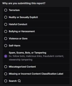 Twitch general reporting menu