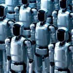 Rows of Standing Futuristic Industrial Humanoid Robots