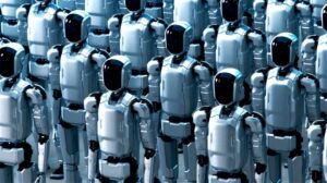 Rows of Standing Futuristic Industrial Humanoid Robots