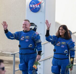 CAPE CANAVERAL, FLORIDA - JUNE 05:  NASAâs Boeing Crew Flight Test Commander Butch Wilmore (L) and Pilot Suni Williams walk out of the Operations and Checkout Building on June 05, 2024 in Cape Canaveral, Florida. The astronauts are heading to Boeingâs Starliner spacecraft, which sits atop a United Launch Alliance Atlas V rocket at Space Launch Complex 41 for NASAâs Boeing crew flight test to the International Space Station.  (Photo by Joe Raedle/Getty Images)