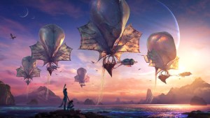 Extraterrestrial hot air balloons float above a beautiful sunset as Na'vi point to the sky in concept art from 'Avatar: Fire and Ash'.