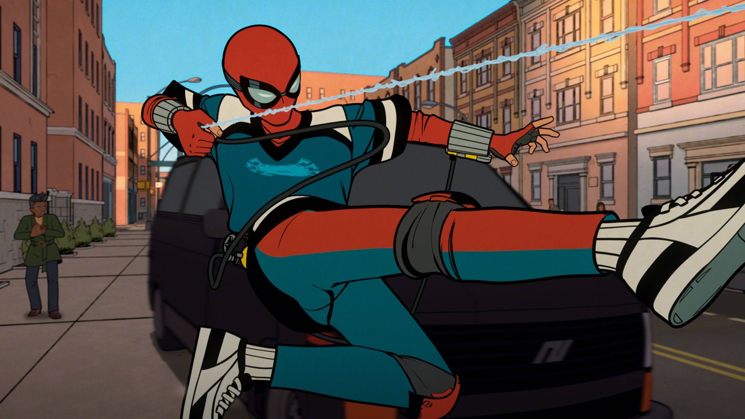 Peter Parker/Spider-Man swings through a block of brownstones in Your Friendly Neighborhood Spider-Man.