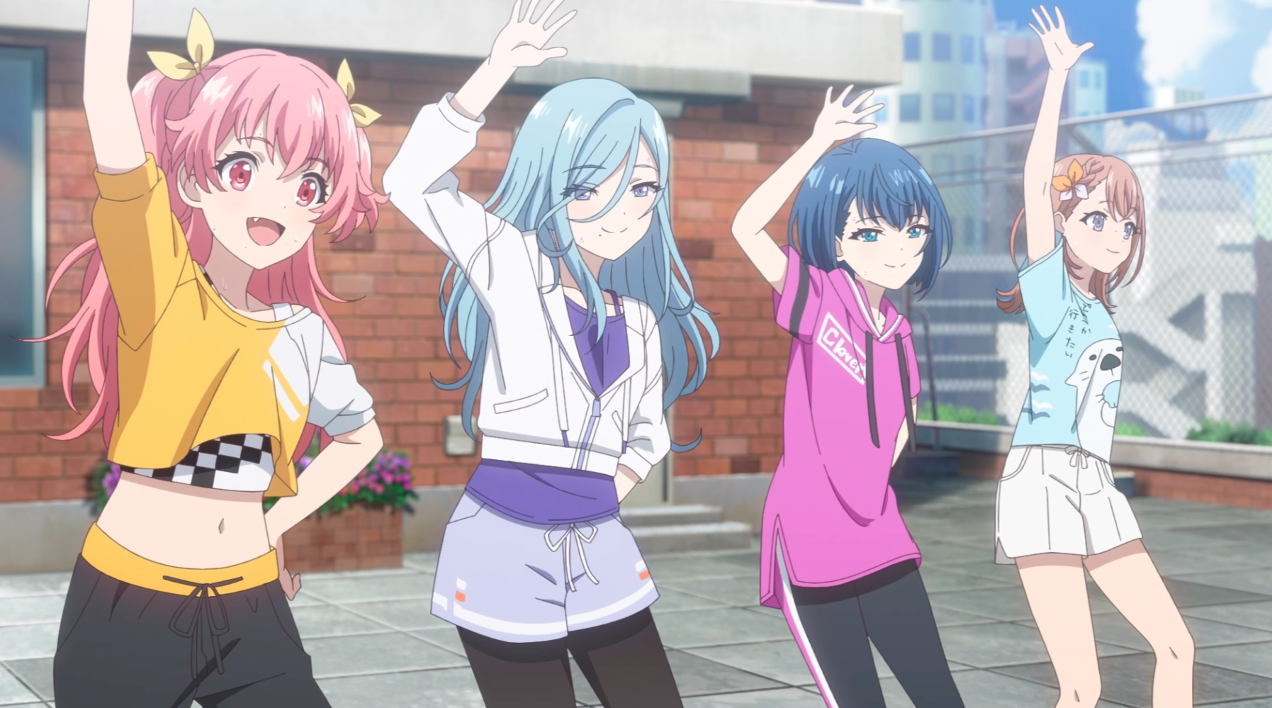 The four singers of the anime idol band More More Jump!, all practicing their dance moves. From Colorful Stage! The Movie: A Miku Who Can’t Sing.