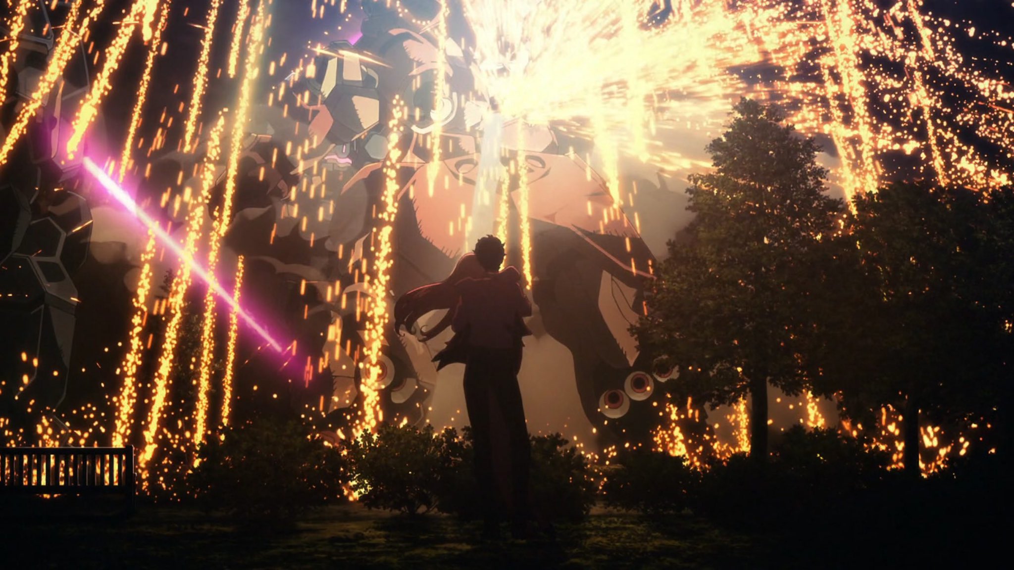 A man holding a woman close as they watch a geyser of sparks rain down from a giant mech suit skewered by a laser sword in Mobile Suit Gundam: Hathaway.