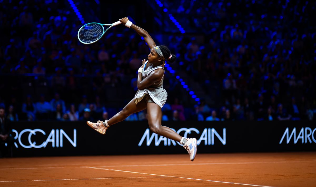 Coco Gauff of the United States in action against Jasmine Paolini of Italy in the quarter-final on Day 5 of the Porsche Tennis Grand Prix at Porsche Arena on April 19, 2025 in Stuttgart, Germany