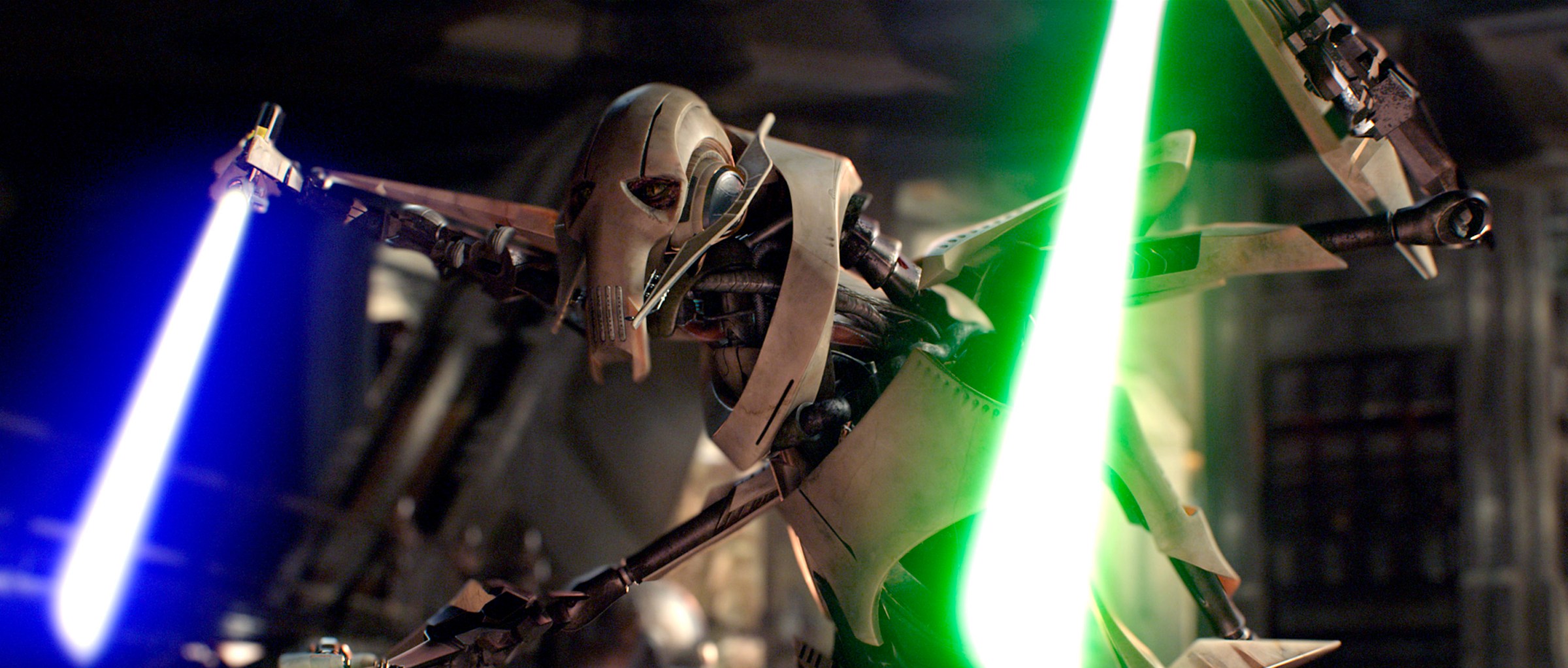 From Star Wars: Episode III — Revenge of the Sith. General Grievous, a multi-armed droid with a skull-helmet-like face, wields two lightsabers at once