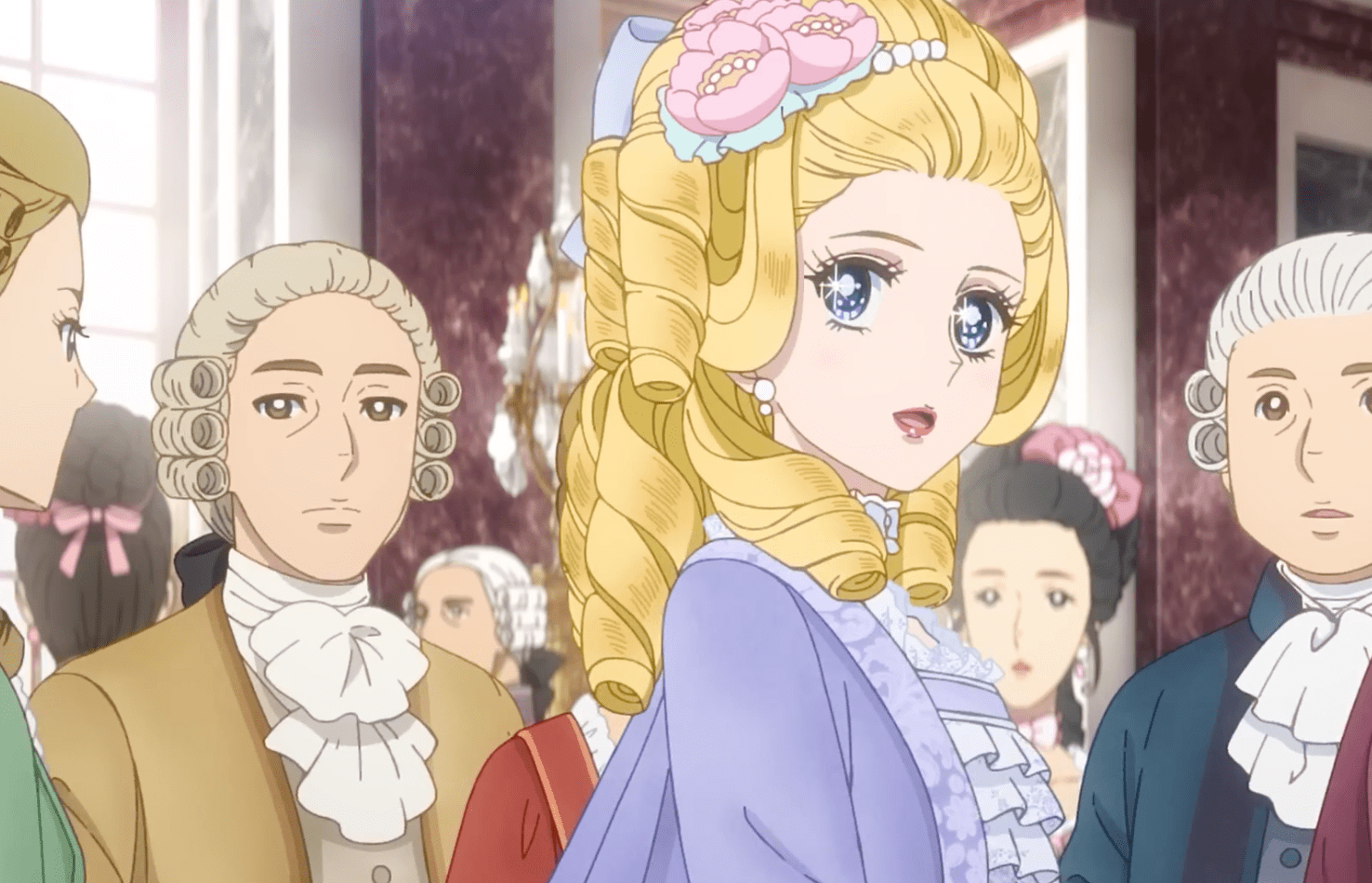 An anime version of Marie Antoinette, wearing a purple dress, and with big shiny sparkling eyes. She smiles at the viewer, surrounded by people. From The Rose of Versailles