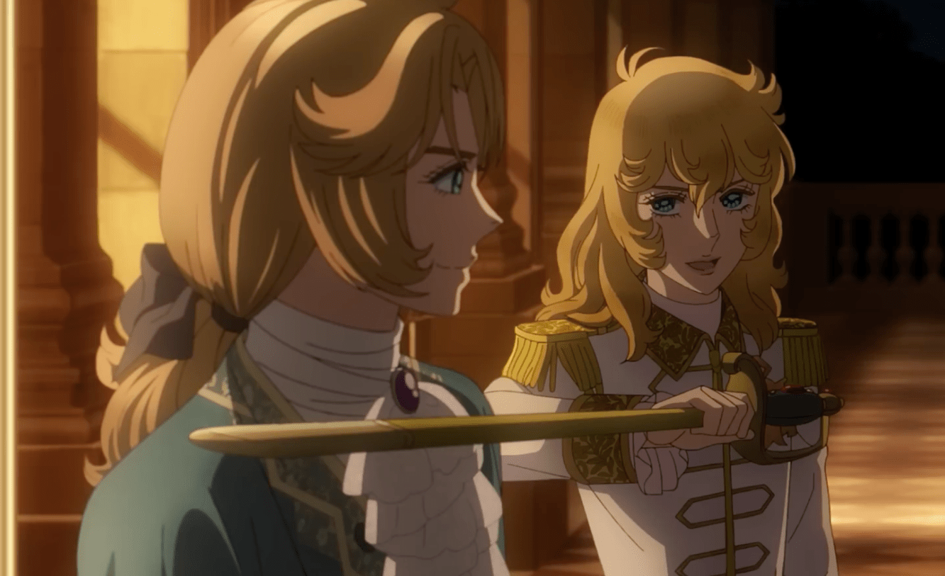 A blonde woman in a white military uniform holds her sheathed sword across the chest of a nobleman with light brown hair, wearing a turquoise jacket. From The Rose of Versailles.