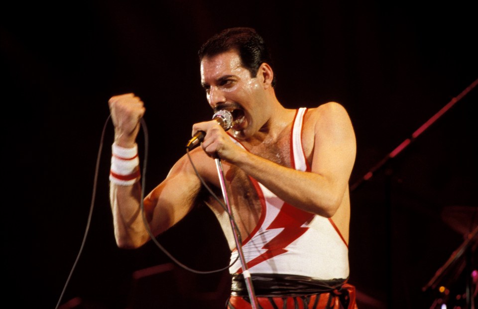 Freddie Mercury performing on stage.