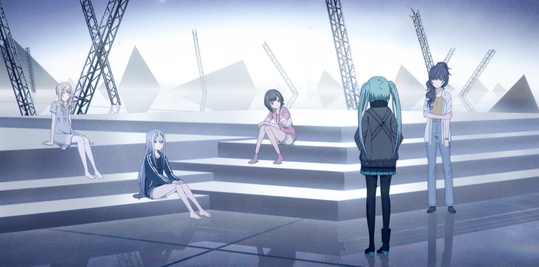 A group of teenage girls in a strange geometric landscape. From Colorful Stage! The Movie: A Miku Who Can’t Sing