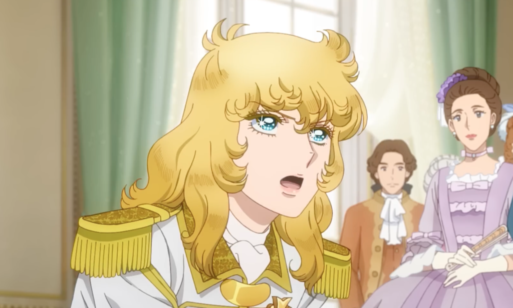A woman with golden hair and sparkling blue eyes kneels and looks determined in The Rose of Versailles