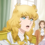 A woman with golden hair and sparkling blue eyes kneels and looks determined in The Rose of Versailles