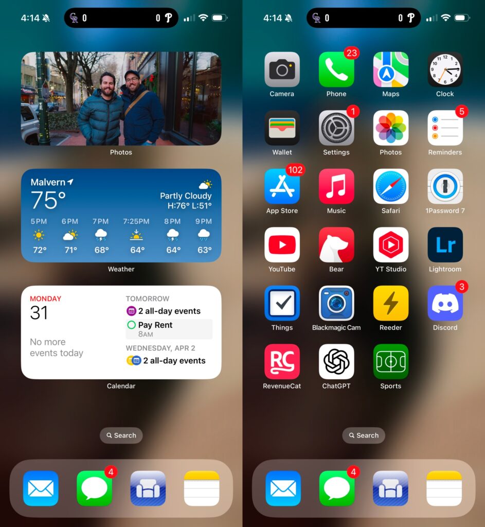 Two screenshots of an iPhone homescreen.