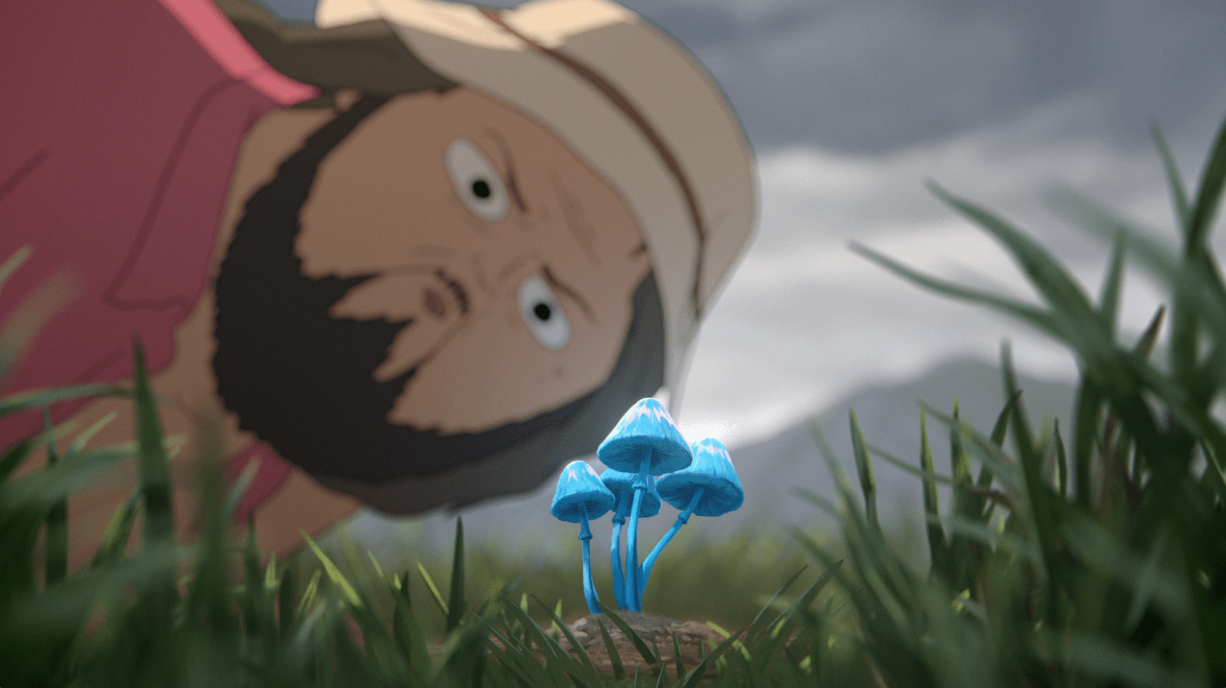 A character in Common Side Effects looks at some blue mushrooms