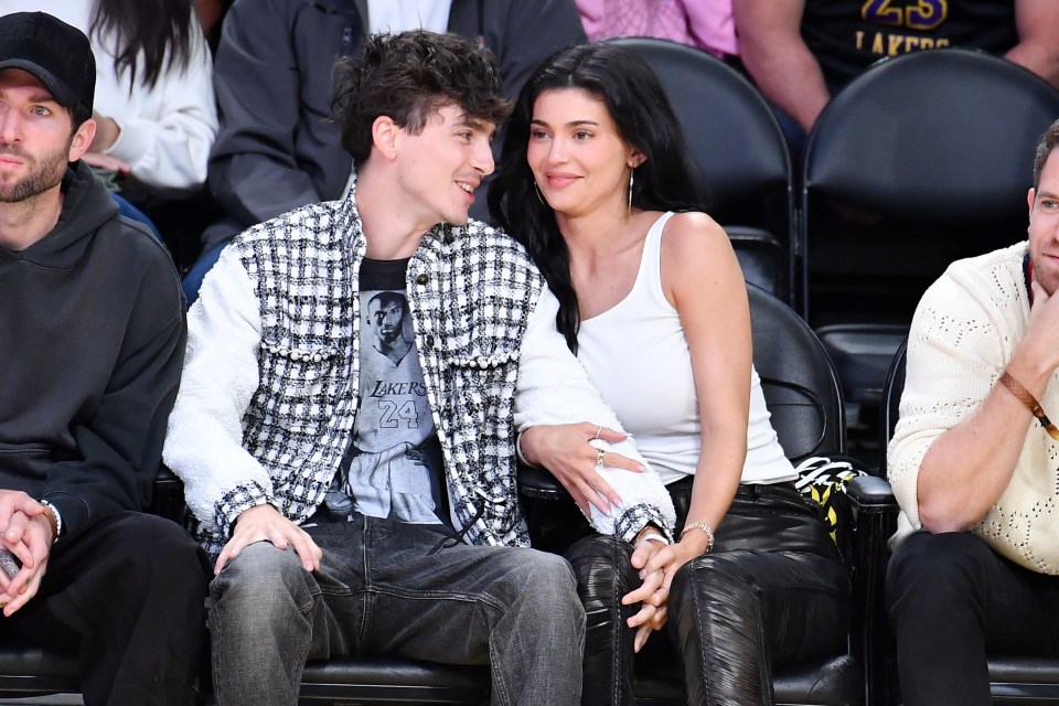 Timothée Chalamet and Kylie Jenner holding hands at a Lakers basketball game.