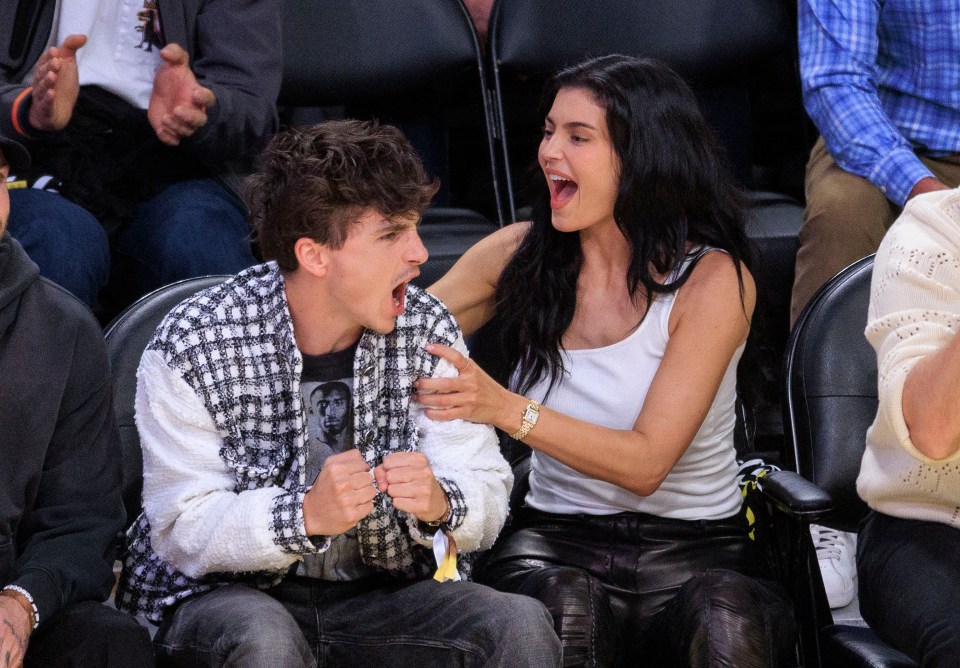 Timothee Chalamet and Kylie Jenner at an NBA Playoffs game.