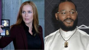 Left to Right: Gillian Anderson in The X-Files season 11,and Ryan Coogler at the Black Panther: Wakanda Forever premiere.