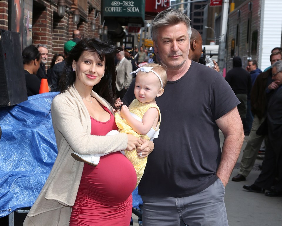 Hilaria and Alec Baldwin with their daughter outside the Ed Sullivan Theater.