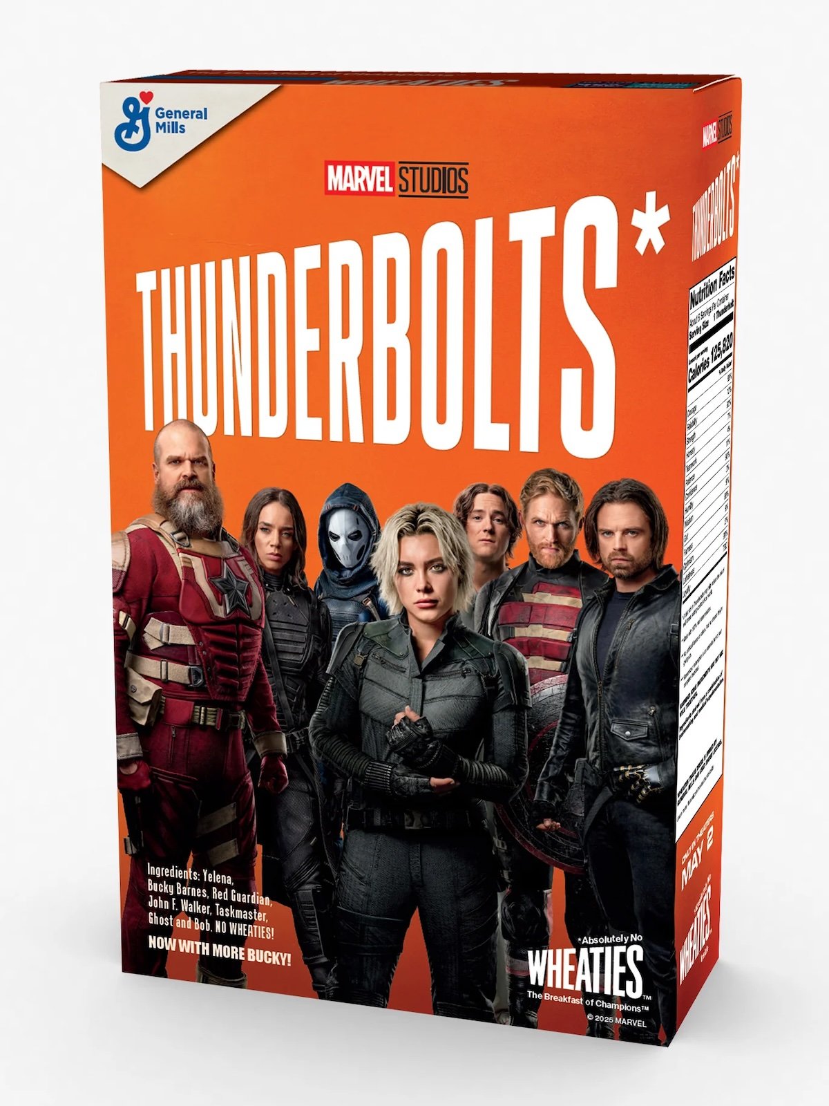 A Wheaties box with the stars of Thunderbolts* in character
