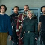 Hannah John-Kamen, Lewis Pullman, Wyatt Russell, David Harbour, Florence Pugh, and Sebastian Stan in Thunderbolts*.