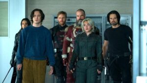 Hannah John-Kamen, Lewis Pullman, Wyatt Russell, David Harbour, Florence Pugh, and Sebastian Stan in Thunderbolts*.
