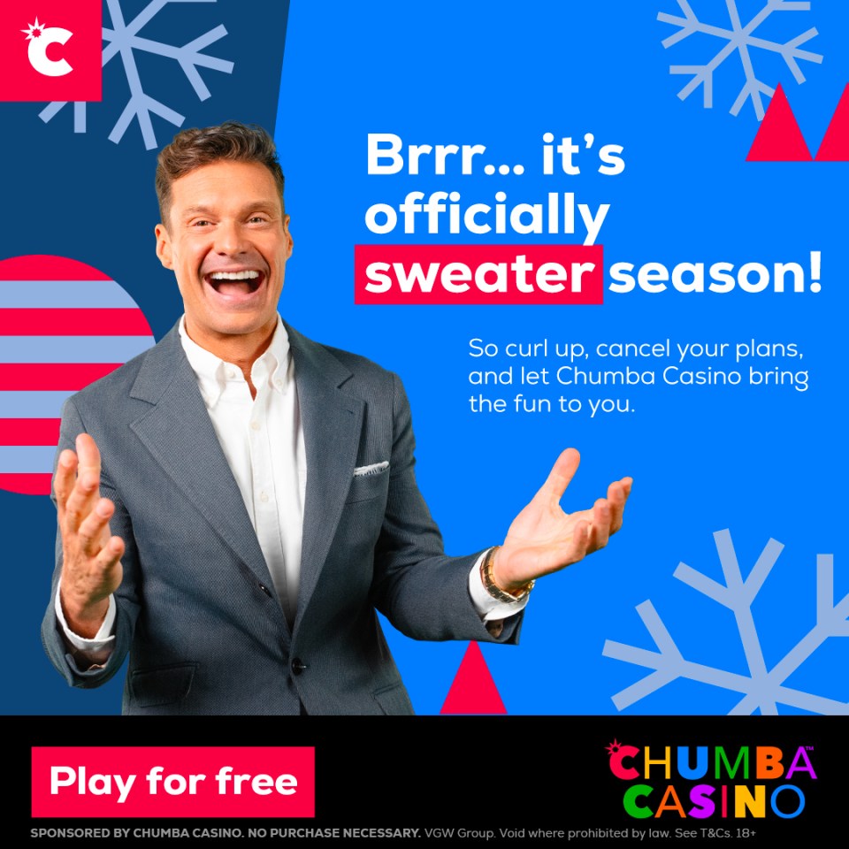 Ryan Seacrest in a suit, promoting Chumba Casino's "sweater season" offer.