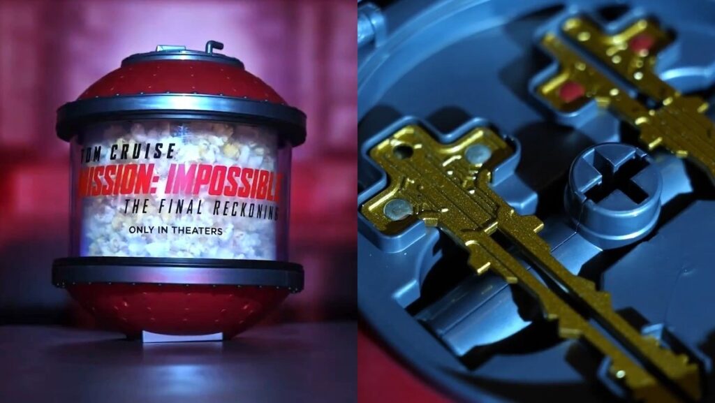 A clear and red Mission-Impossible The Fina Reckoning Entity bucket split with a closeup ofits replica key halves
