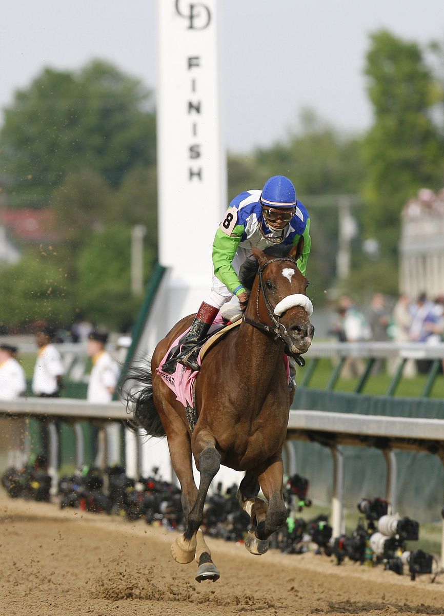 Jockey Edgar Prado aboard Barbaro wins the 2006 Kentucky Derby, the 132nd Run for the Roses