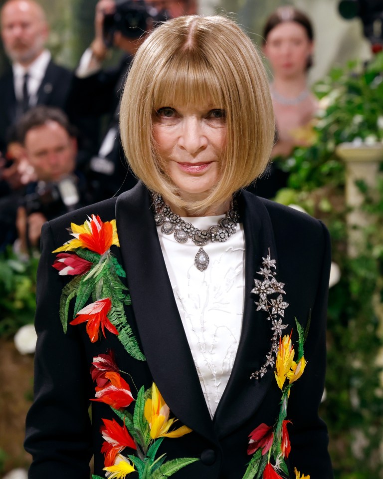 Anna Wintour at the Met Gala wearing a black coat adorned with colorful feathers and jewelry.
