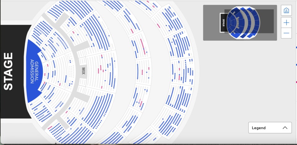 Seating chart showing low ticket sales for Kelly Clarkson's Las Vegas residency.