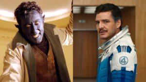 (Left) Nightcrawler, played by Alan Cumming in X2 (Right) Pedro Pascal as Reed Richards in The Fantastic Four: First Steps.