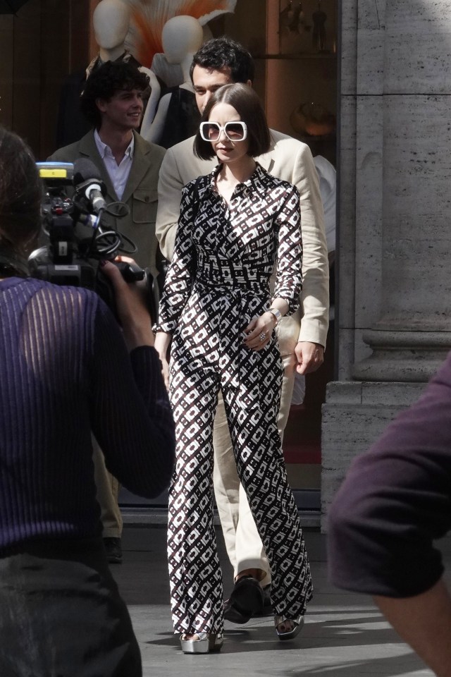 Lily Collins and Eugenio Franceschini on the set of Emily in Paris in Rome.