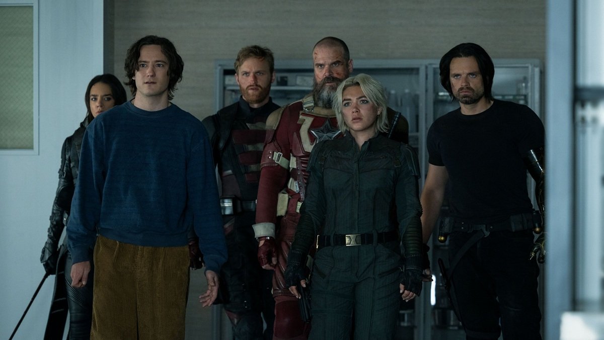 Hannah John-Kamen, Lewis Pullman, Wyatt Russell, David Harbour, Florence Pugh, and Sebastian Stan in Thunderbolts*.