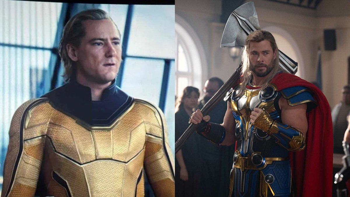 Left: Lewis Pullman as Sentry Right: Chris Hemsworth as Thor.