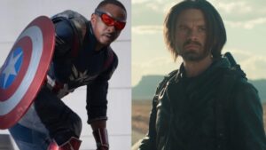 Anthony Mackie as Captain America (L) and Sebastian Stan as Bucky Barnes (R)